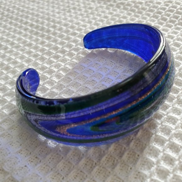 Dichroic Glass Cuff Bangle Cobalt Blue Metallic Shimmery Swirls Milky Way Design - Picture 3 of 6